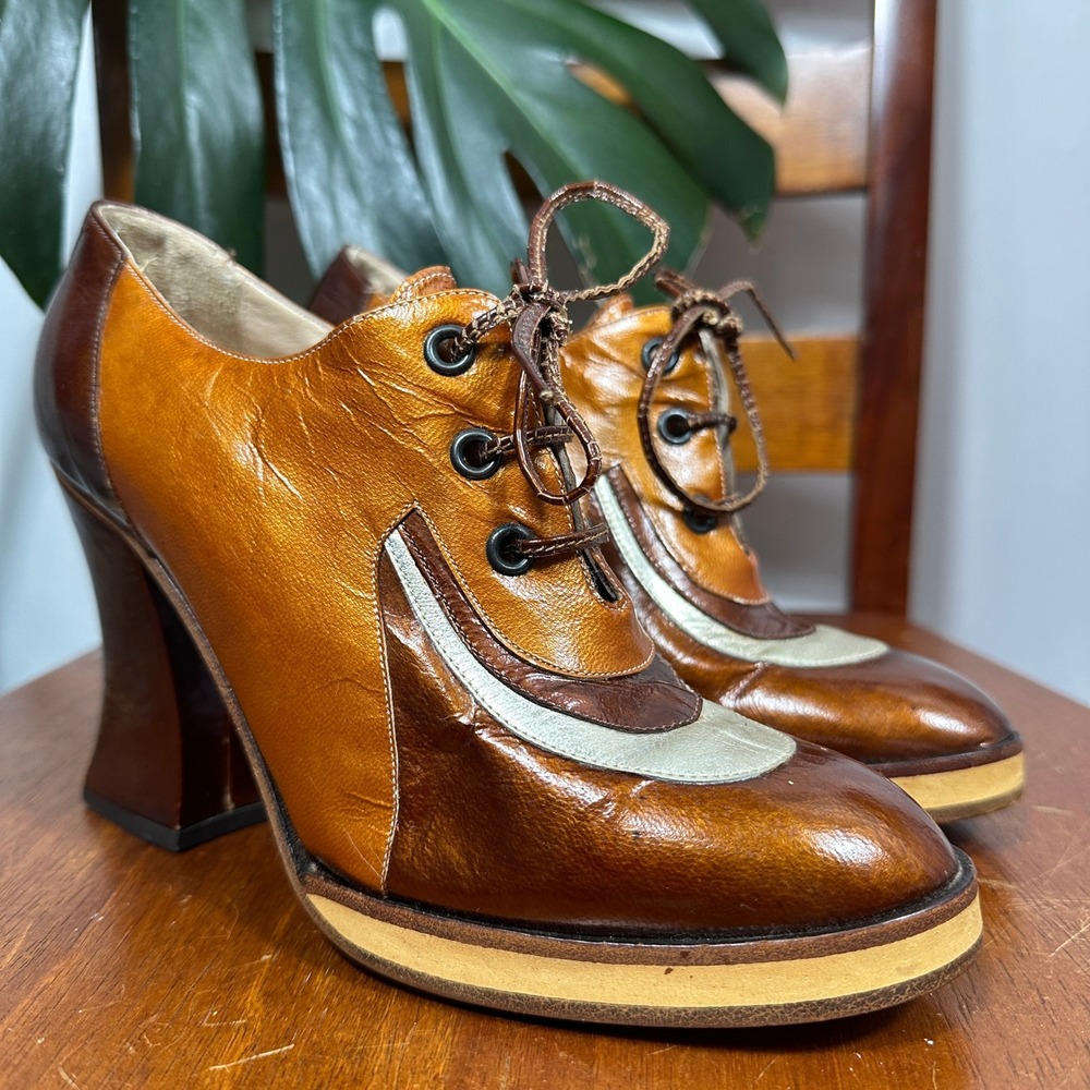 Vintage Style Leather Platform Oxfords Womens Brown Tan Lace Up Block Heels
